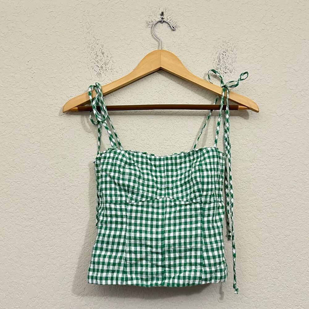 REFORMATION Blanchard Cropped Top Green White Gingham Linen Tie Strap